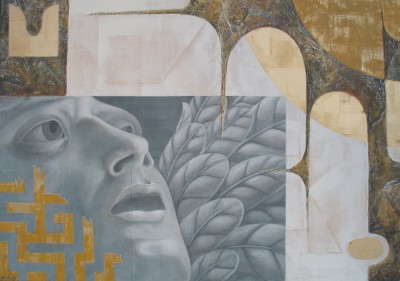 Acrylbild eines männlichen Gesichtes vor stilisierten Federn und Sonnenstrahlen, inspiriert durch die Sage von Ikarus